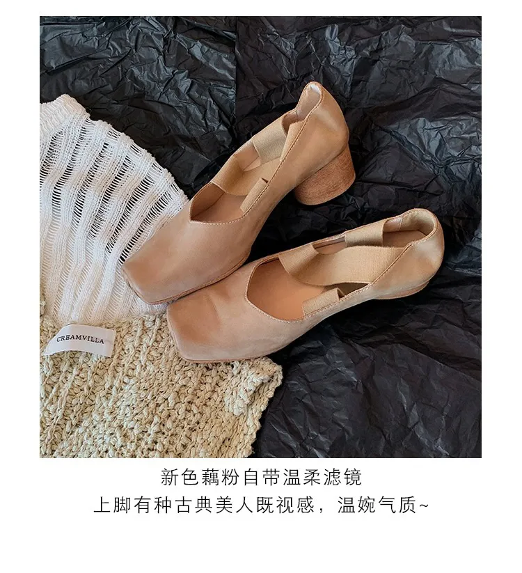 Women's Sheepskin Ballet Flats Square Toe Cross Strap Comfortable Retro Style Thick Sole Casual Walking Shoes showcase 16