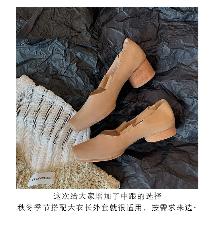 Women's Sheepskin Ballet Flats Square Toe Cross Strap Comfortable Retro Style Thick Sole Casual Walking Shoes showcase 13