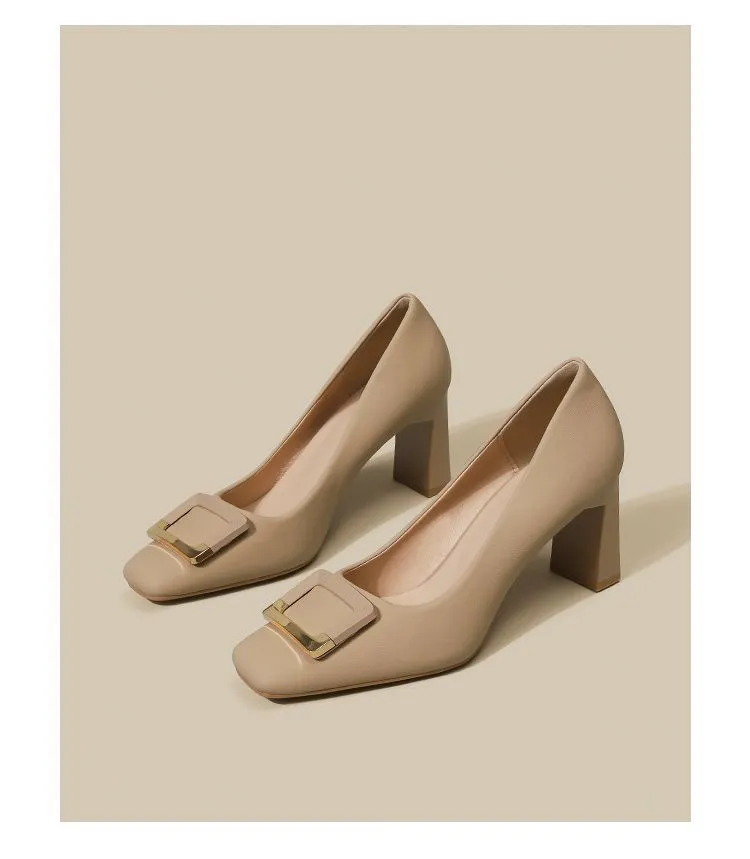 Women's Square Buckle Chunky Heel High Heels - Comfortable Versatile Mid-Heel Shoes for Spring & Autumn - Square Toe Court Shoes for Skirts & Dresses showcase 2