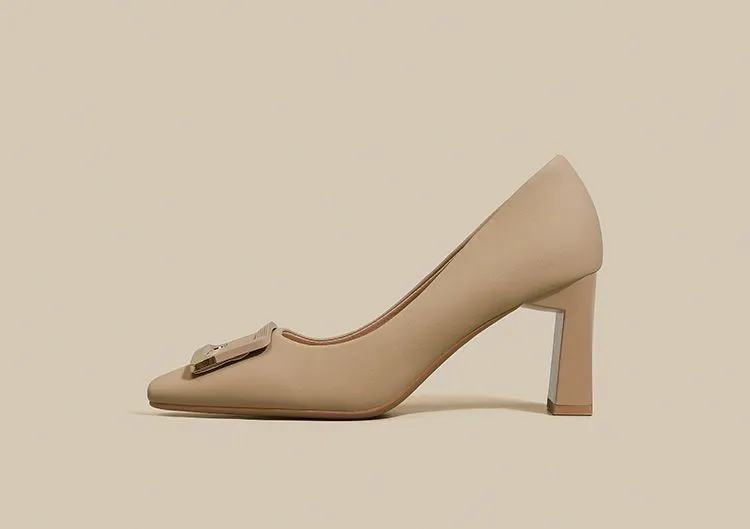 Women's Square Buckle Chunky Heel High Heels - Comfortable Versatile Mid-Heel Shoes for Spring & Autumn - Square Toe Court Shoes for Skirts & Dresses showcase 3