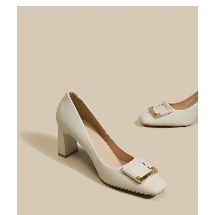 Women's Square Buckle Chunky Heel High Heels - Comfortable Versatile Mid-Heel Shoes for Spring & Autumn - Square Toe Court Shoes for Skirts & Dresses showcase 8