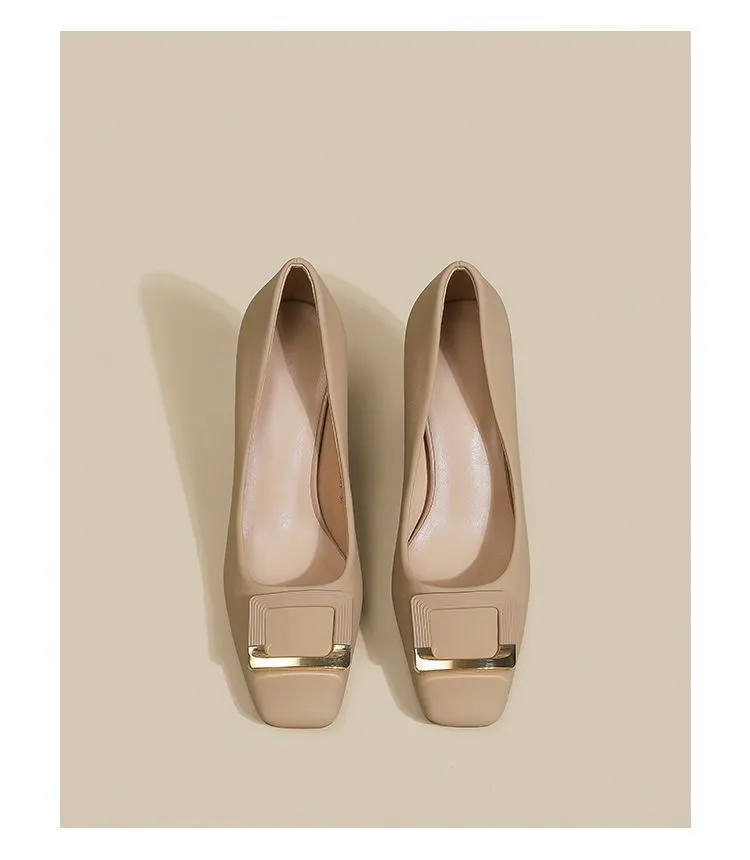 Women's Square Buckle Chunky Heel High Heels - Comfortable Versatile Mid-Heel Shoes for Spring & Autumn - Square Toe Court Shoes for Skirts & Dresses showcase 1