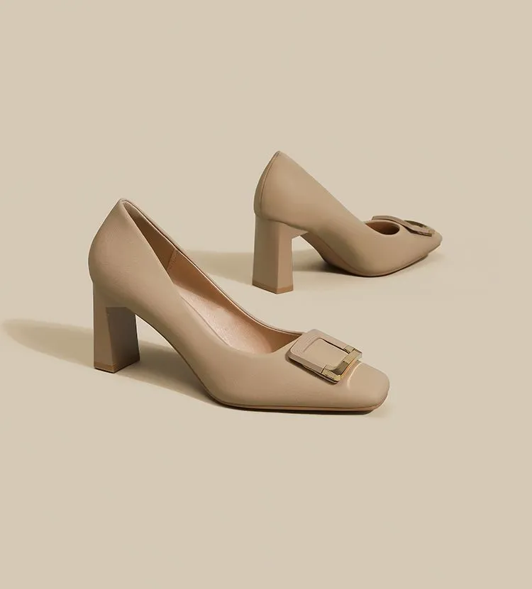 Women's Square Buckle Chunky Heel High Heels - Comfortable Versatile Mid-Heel Shoes for Spring & Autumn - Square Toe Court Shoes for Skirts & Dresses showcase 4