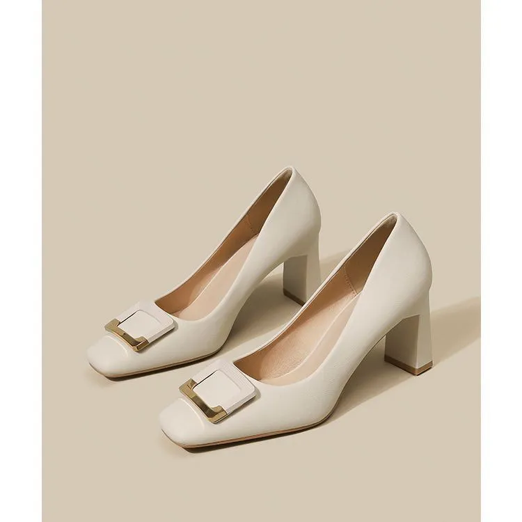 Women's Square Buckle Chunky Heel High Heels - Comfortable Versatile Mid-Heel Shoes for Spring & Autumn - Square Toe Court Shoes for Skirts & Dresses thumbnail 7