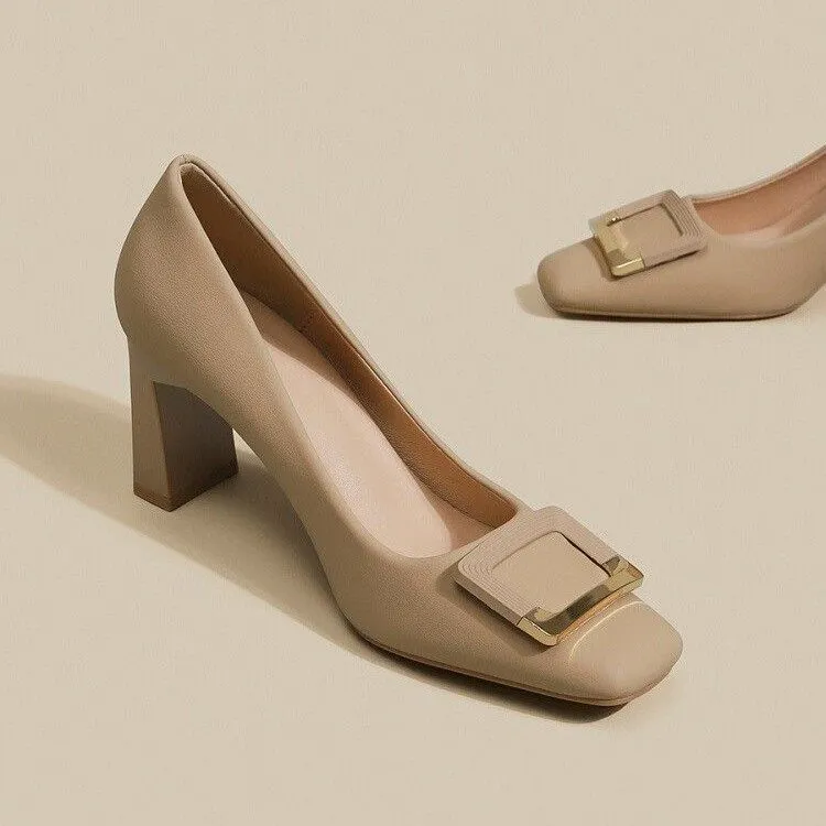 Women's Square Buckle Chunky Heel High Heels - Comfortable Versatile Mid-Heel Shoes for Spring & Autumn - Square Toe Court Shoes for Skirts & Dresses thumbnail 1
