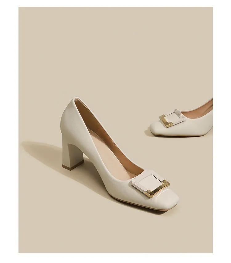Women's Square Buckle Chunky Heel High Heels - Comfortable Versatile Mid-Heel Shoes for Spring & Autumn - Square Toe Court Shoes for Skirts & Dresses showcase 11