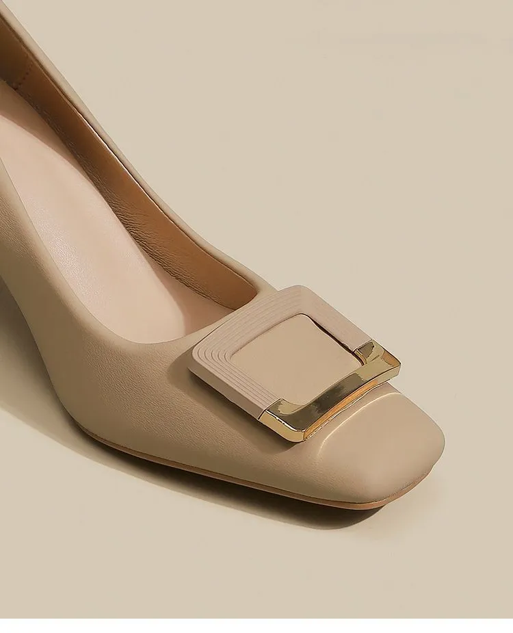 Women's Square Buckle Chunky Heel High Heels - Comfortable Versatile Mid-Heel Shoes for Spring & Autumn - Square Toe Court Shoes for Skirts & Dresses showcase 5
