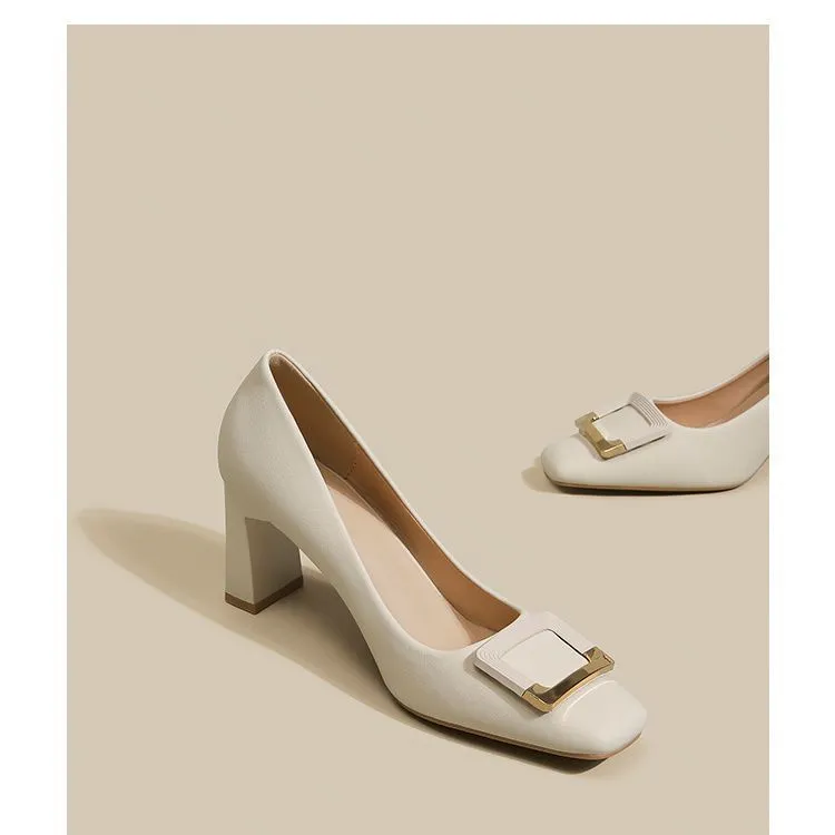 Women's Square Buckle Chunky Heel High Heels - Comfortable Versatile Mid-Heel Shoes for Spring & Autumn - Square Toe Court Shoes for Skirts & Dresses thumbnail 2