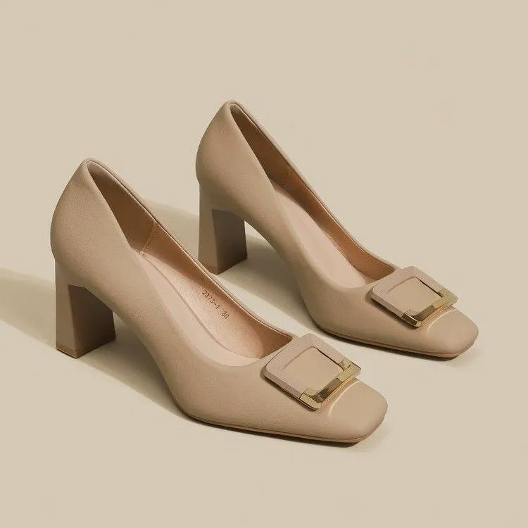 Women's Square Buckle Chunky Heel High Heels - Comfortable Versatile Mid-Heel Shoes for Spring & Autumn - Square Toe Court Shoes for Skirts & Dresses thumbnail 3