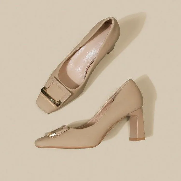 Women's Square Buckle Chunky Heel High Heels - Comfortable Versatile Mid-Heel Shoes for Spring & Autumn - Square Toe Court Shoes for Skirts & Dresses thumbnail 4