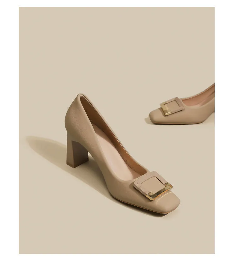 Women's Square Buckle Chunky Heel High Heels - Comfortable Versatile Mid-Heel Shoes for Spring & Autumn - Square Toe Court Shoes for Skirts & Dresses showcase 6