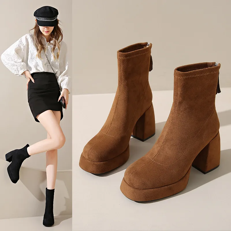 Women's Suede Ankle Boots High Heel Thick Bottom Fashion Martin Boots with Rear Zipper Comfortable Stylish Cloth Booties for Ladies thumbnail 1