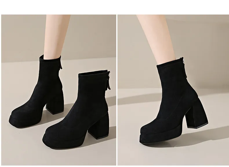 Women's Suede Ankle Boots High Heel Thick Bottom Fashion Martin Boots with Rear Zipper Comfortable Stylish Cloth Booties for Ladies showcase 16