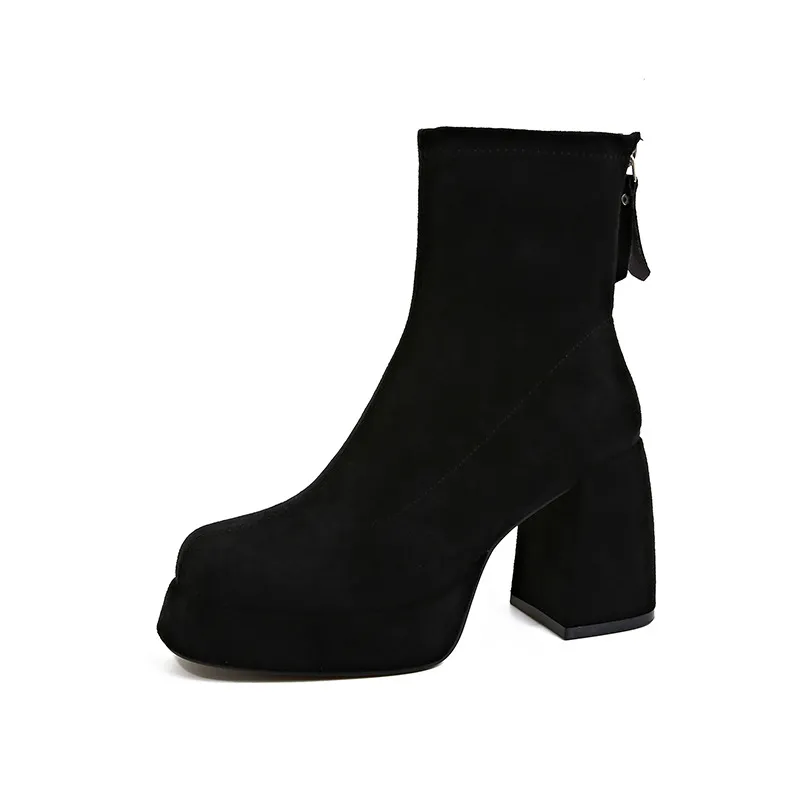 Women's Suede Ankle Boots High Heel Thick Bottom Fashion Martin Boots with Rear Zipper Comfortable Stylish Cloth Booties for Ladies thumbnail 8