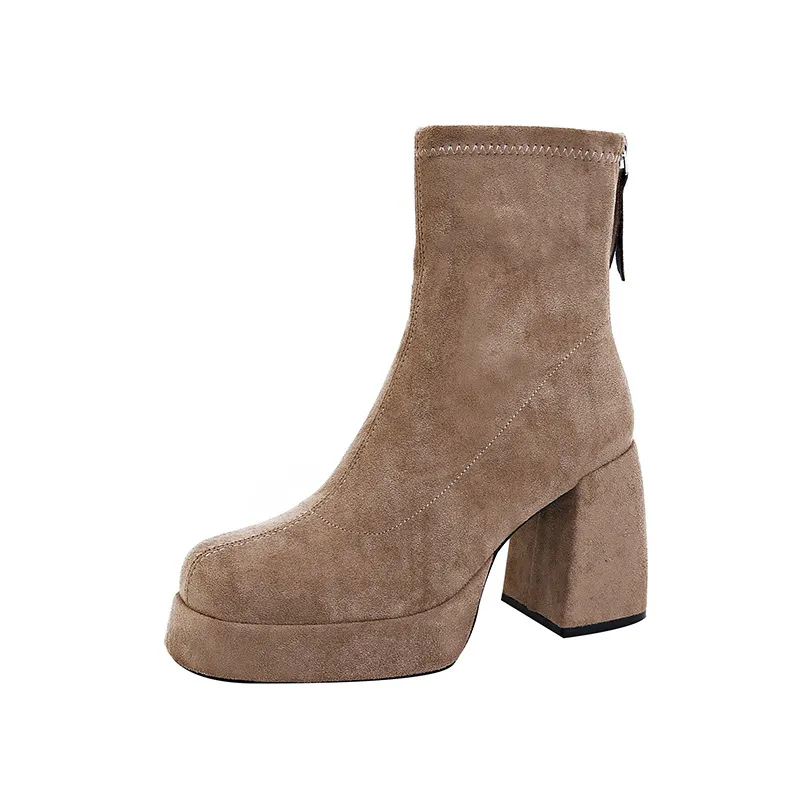 Women's Suede Ankle Boots High Heel Thick Bottom Fashion Martin Boots with Rear Zipper Comfortable Stylish Cloth Booties for Ladies thumbnail 7