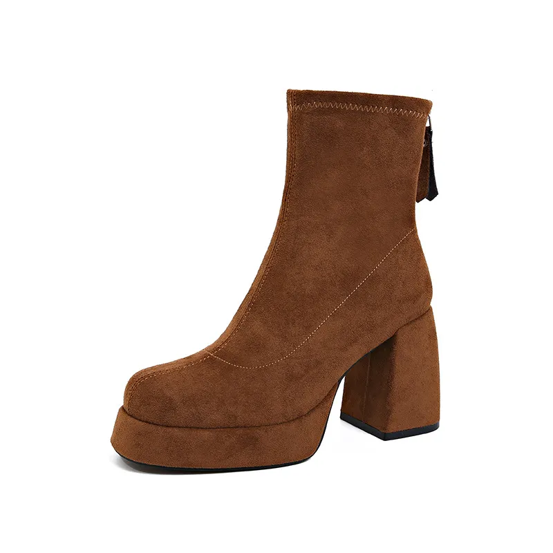 Women's Suede Ankle Boots High Heel Thick Bottom Fashion Martin Boots with Rear Zipper Comfortable Stylish Cloth Booties for Ladies thumbnail 5