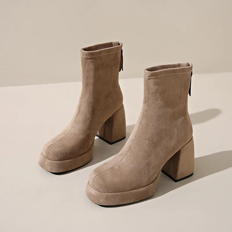 Women's Suede Ankle Boots High Heel Thick Bottom Fashion Martin Boots with Rear Zipper Comfortable Stylish Cloth Booties for Ladies thumbnail 10
