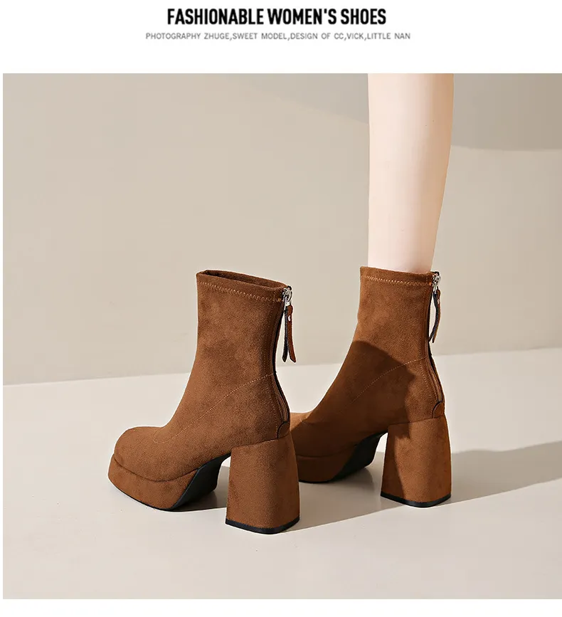 Women's Suede Ankle Boots High Heel Thick Bottom Fashion Martin Boots with Rear Zipper Comfortable Stylish Cloth Booties for Ladies showcase 17