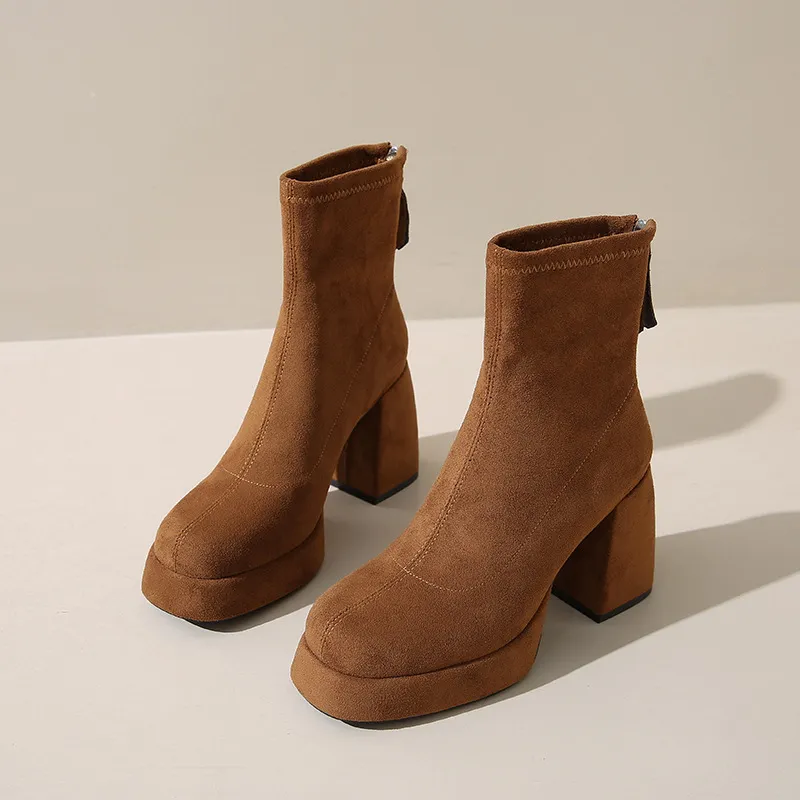 Women's Suede Ankle Boots High Heel Thick Bottom Fashion Martin Boots with Rear Zipper Comfortable Stylish Cloth Booties for Ladies thumbnail 6