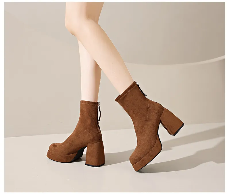 Women's Suede Ankle Boots High Heel Thick Bottom Fashion Martin Boots with Rear Zipper Comfortable Stylish Cloth Booties for Ladies showcase 20