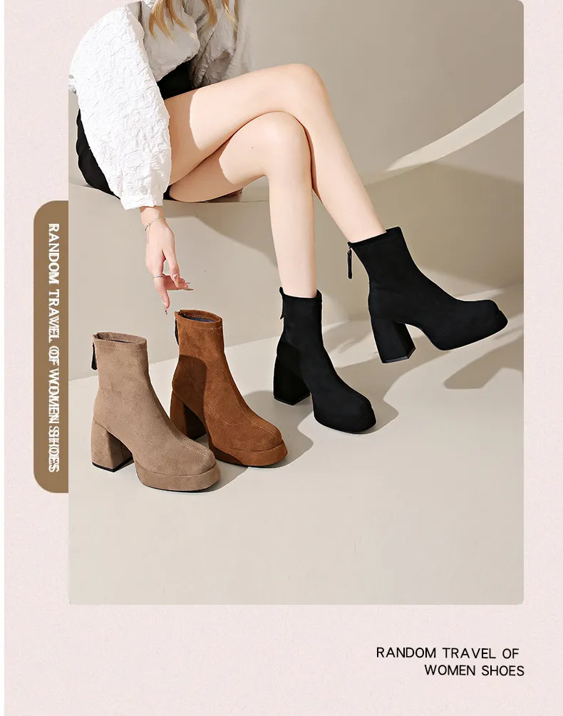 Women's Suede Ankle Boots High Heel Thick Bottom Fashion Martin Boots with Rear Zipper Comfortable Stylish Cloth Booties for Ladies showcase 6