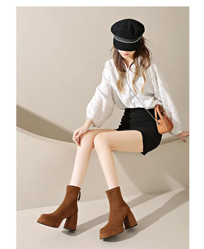 Women's Suede Ankle Boots High Heel Thick Bottom Fashion Martin Boots with Rear Zipper Comfortable Stylish Cloth Booties for Ladies showcase 18