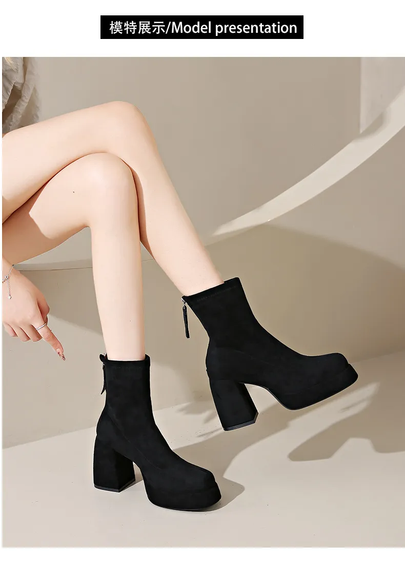 Women's Suede Ankle Boots High Heel Thick Bottom Fashion Martin Boots with Rear Zipper Comfortable Stylish Cloth Booties for Ladies showcase 15