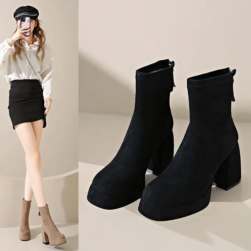 Women's Suede Ankle Boots High Heel Thick Bottom Fashion Martin Boots with Rear Zipper Comfortable Stylish Cloth Booties for Ladies thumbnail 2