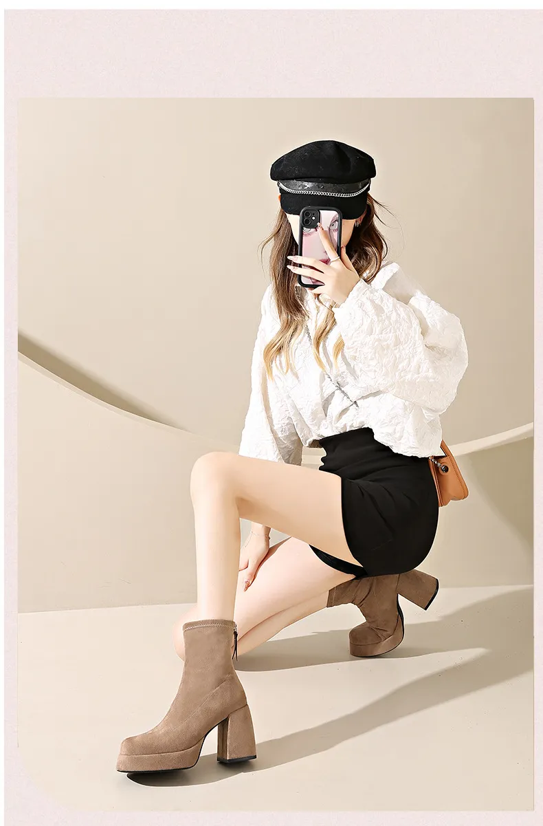 Women's Suede Ankle Boots High Heel Thick Bottom Fashion Martin Boots with Rear Zipper Comfortable Stylish Cloth Booties for Ladies showcase 4