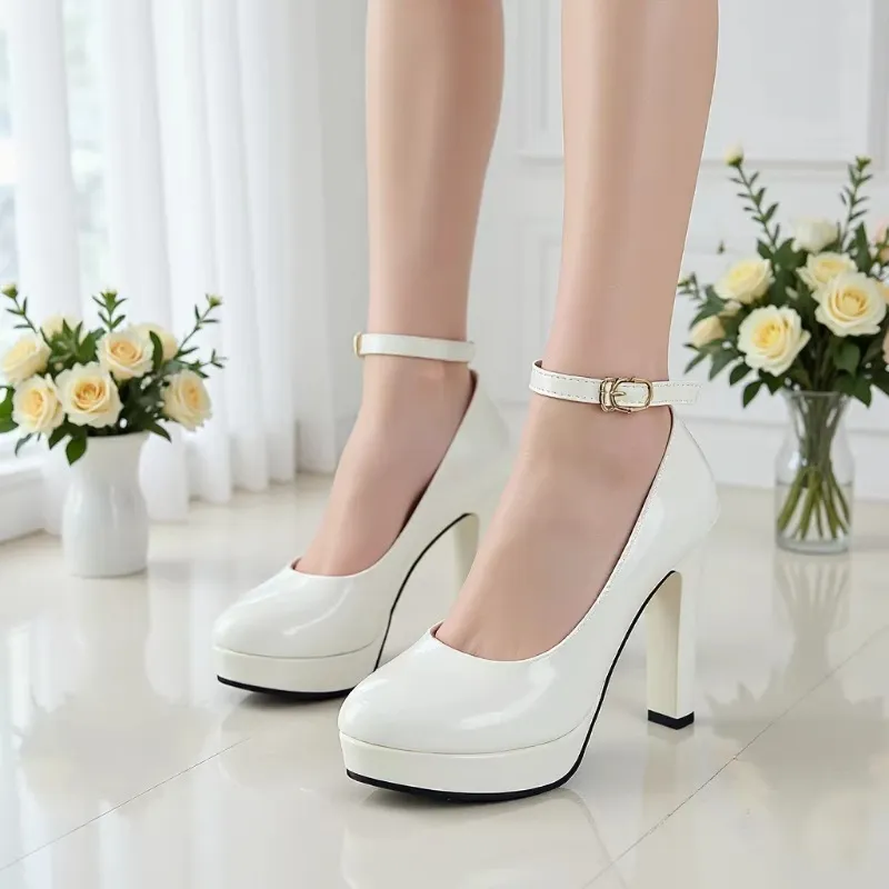 Women's Patent Leather High Heels - Professional OL Style, Waterproof Platform, Comfortable Shallow Mouth Flats, Large Size 42 thumbnail 1