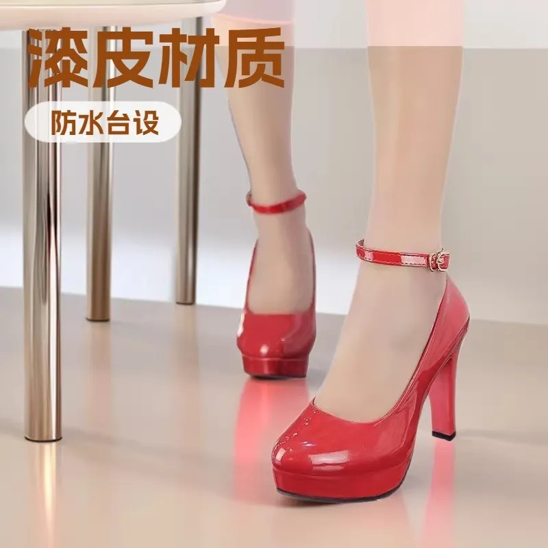 Women's Patent Leather High Heels - Professional OL Style, Waterproof Platform, Comfortable Shallow Mouth Flats, Large Size 42 thumbnail 2