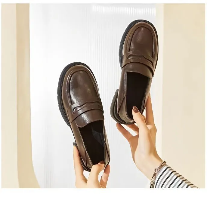 Women's High Heels Leather Loafers - 2026 Spring Autumn Chunky Heel Thick Sole Slip-On Shoes - Comfortable Soft Sole Versatile Fashion thumbnail 1