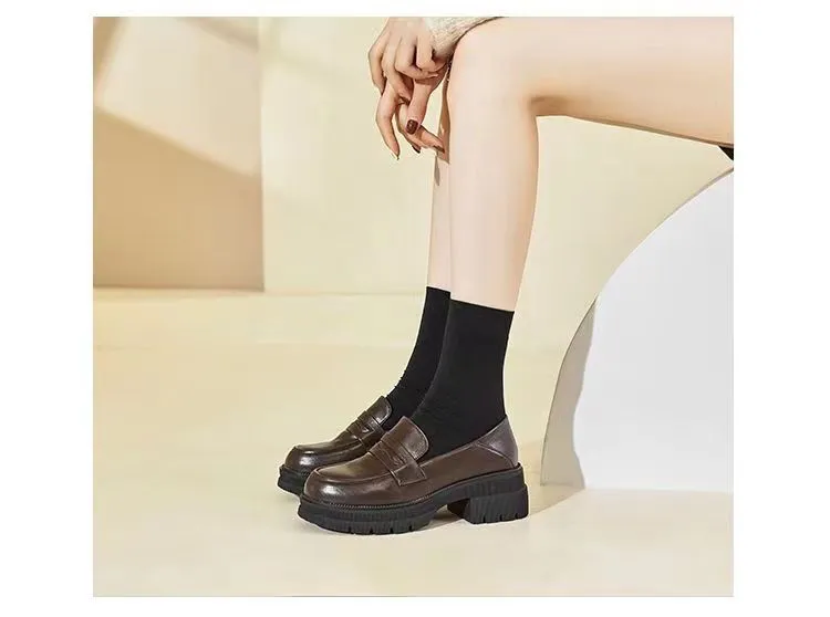 Women's High Heels Leather Loafers - 2026 Spring Autumn Chunky Heel Thick Sole Slip-On Shoes - Comfortable Soft Sole Versatile Fashion showcase 13
