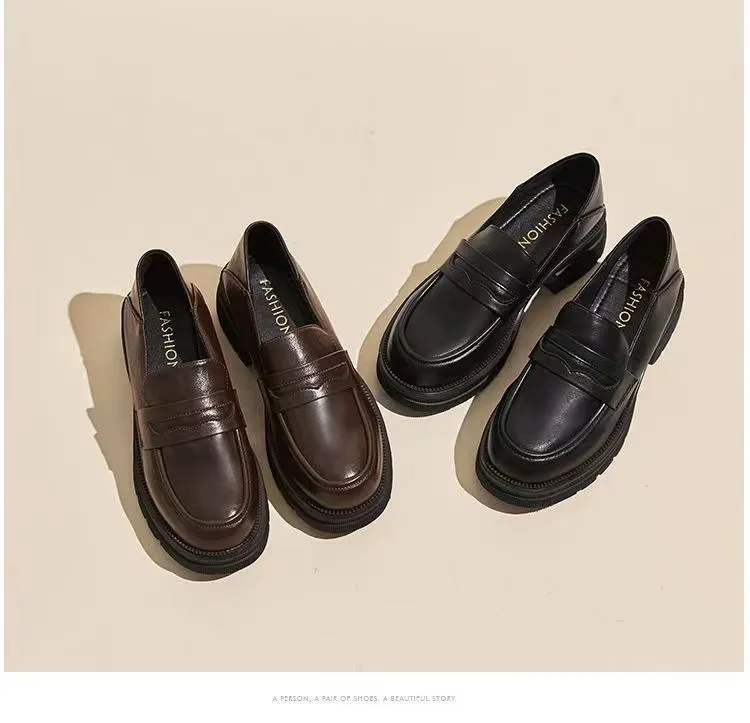 Women's High Heels Leather Loafers - 2026 Spring Autumn Chunky Heel Thick Sole Slip-On Shoes - Comfortable Soft Sole Versatile Fashion showcase 18