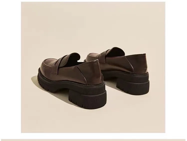 Women's High Heels Leather Loafers - 2026 Spring Autumn Chunky Heel Thick Sole Slip-On Shoes - Comfortable Soft Sole Versatile Fashion showcase 17