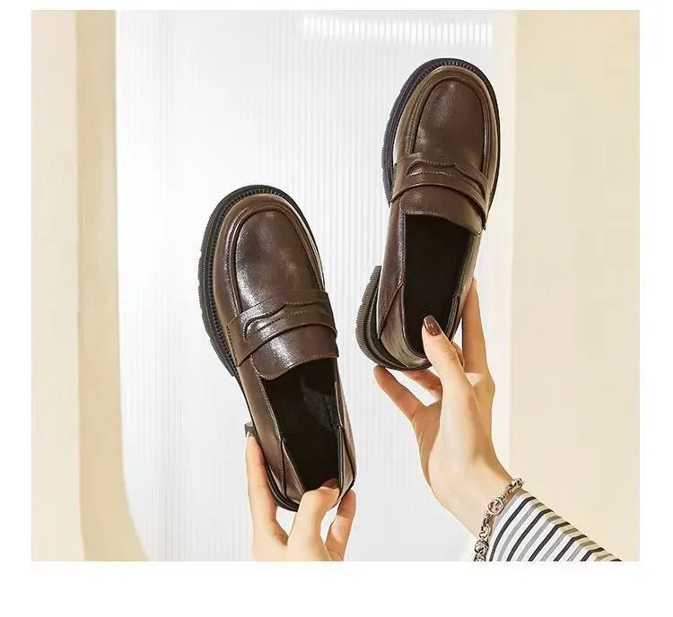 Women's High Heels Leather Loafers - 2026 Spring Autumn Chunky Heel Thick Sole Slip-On Shoes - Comfortable Soft Sole Versatile Fashion showcase 11