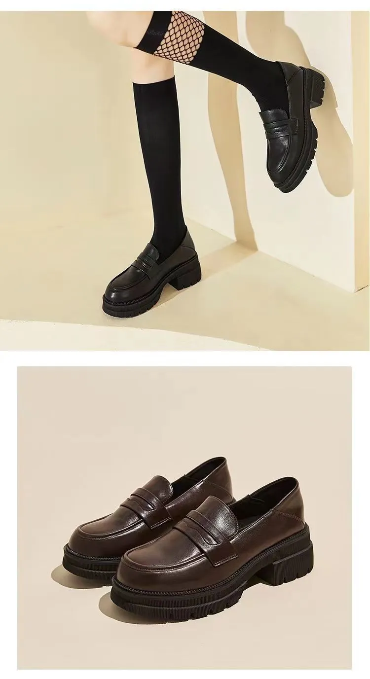 Women's High Heels Leather Loafers - 2026 Spring Autumn Chunky Heel Thick Sole Slip-On Shoes - Comfortable Soft Sole Versatile Fashion showcase 14