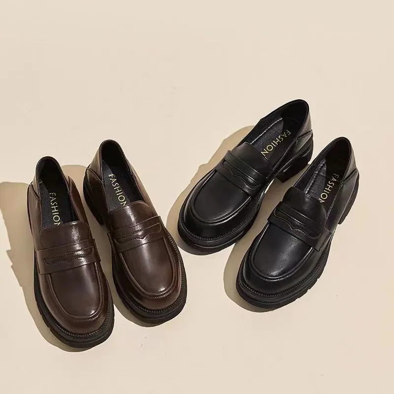 Women's High Heels Leather Loafers - 2026 Spring Autumn Chunky Heel Thick Sole Slip-On Shoes - Comfortable Soft Sole Versatile Fashion thumbnail 3