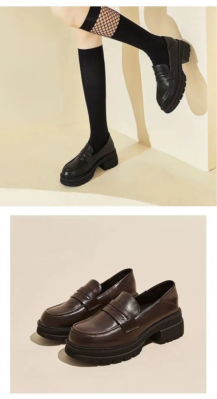 Women's High Heels Leather Loafers - 2026 Spring Autumn Chunky Heel Thick Sole Slip-On Shoes - Comfortable Soft Sole Versatile Fashion showcase 15