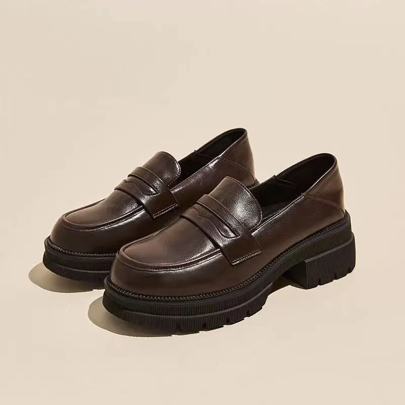 Women's High Heels Leather Loafers - 2026 Spring Autumn Chunky Heel Thick Sole Slip-On Shoes - Comfortable Soft Sole Versatile Fashion showcase 3