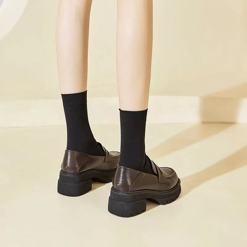 Women's High Heels Leather Loafers - 2026 Spring Autumn Chunky Heel Thick Sole Slip-On Shoes - Comfortable Soft Sole Versatile Fashion showcase 2