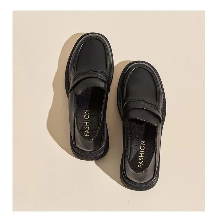 Women's High Heels Leather Loafers - 2026 Spring Autumn Chunky Heel Thick Sole Slip-On Shoes - Comfortable Soft Sole Versatile Fashion thumbnail 4