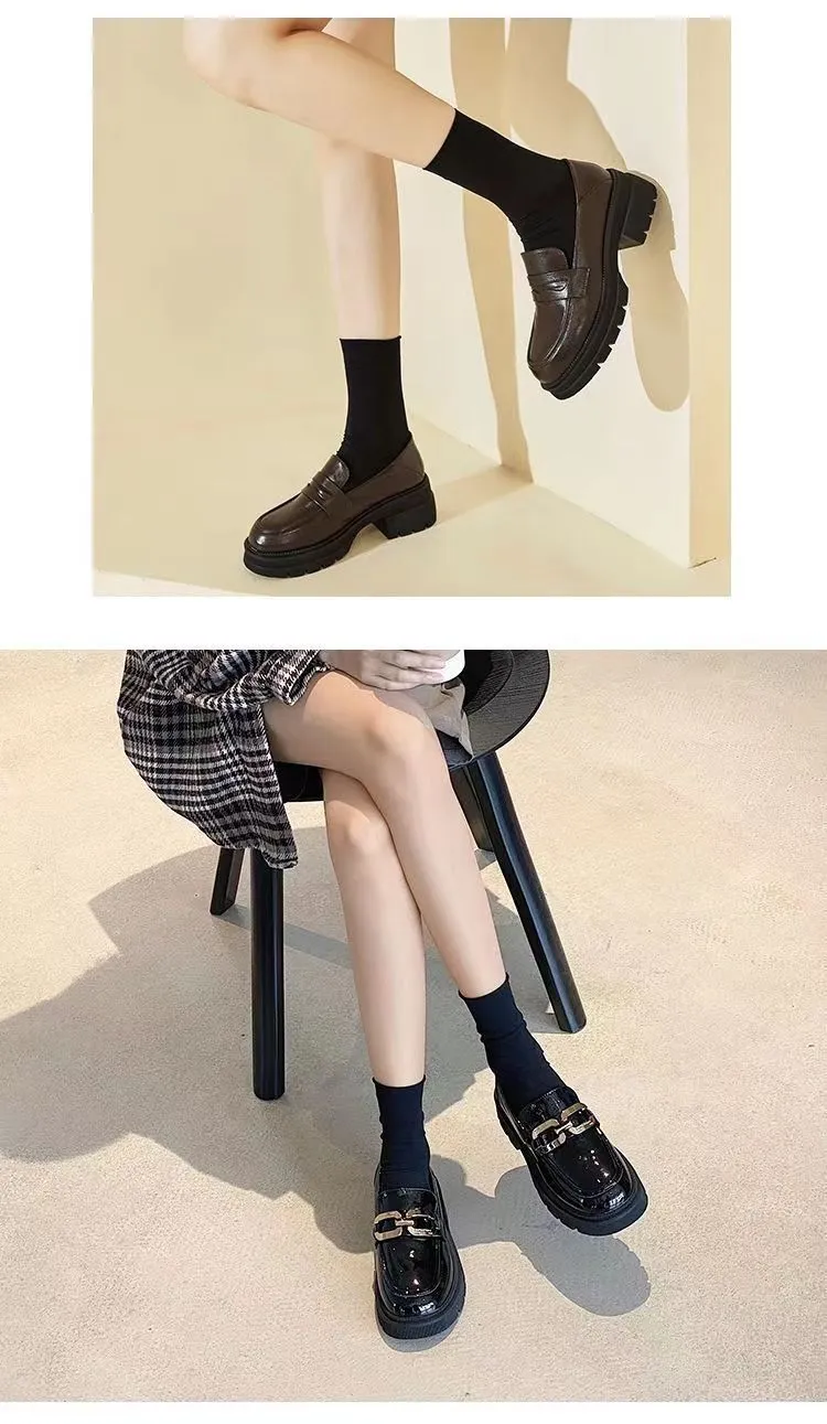 Women's High Heels Leather Loafers - 2026 Spring Autumn Chunky Heel Thick Sole Slip-On Shoes - Comfortable Soft Sole Versatile Fashion showcase 10