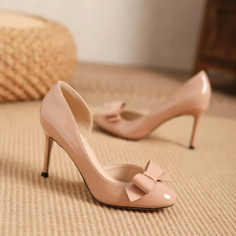 Women's Nude High Heels Stiletto Pumps - Elegant Patent Leather Bow Accent, Pointed Toe Dress Shoes for Parties, Weddings, and Special Occasions - 2025 Style thumbnail 4
