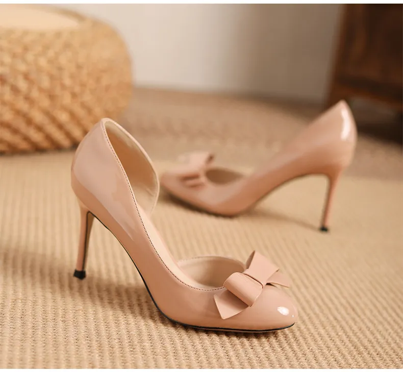 Women's Nude High Heels Stiletto Pumps - Elegant Patent Leather Bow Accent, Pointed Toe Dress Shoes for Parties, Weddings, and Special Occasions - 2025 Style showcase 10