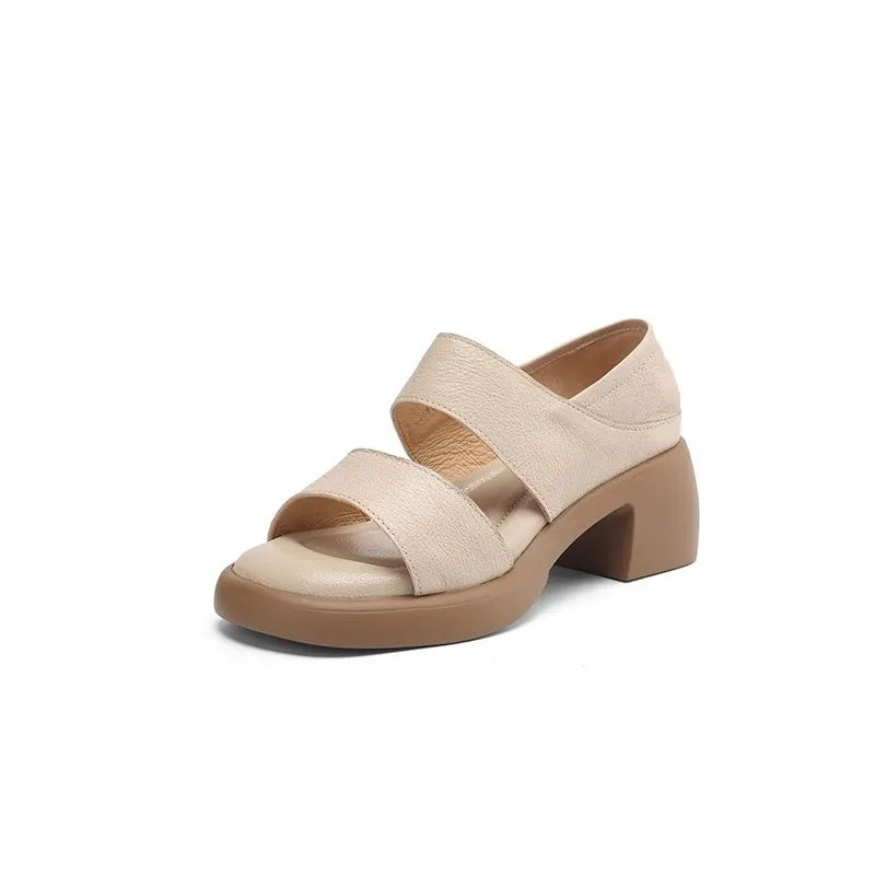Women's Soft Leather Peep-Toe Sandals - 6cm Ultra-Soft Sole, Chunky High Heel, Summer Outdoor Roman Style Shoes thumbnail 5