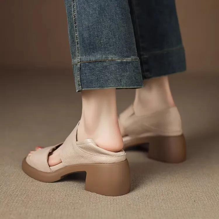 Women's Soft Leather Peep-Toe Sandals - 6cm Ultra-Soft Sole, Chunky High Heel, Summer Outdoor Roman Style Shoes thumbnail 4