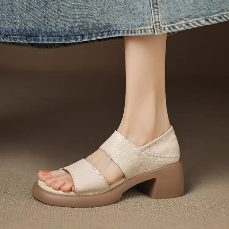 Women's Soft Leather Peep-Toe Sandals - 6cm Ultra-Soft Sole, Chunky High Heel, Summer Outdoor Roman Style Shoes thumbnail 2