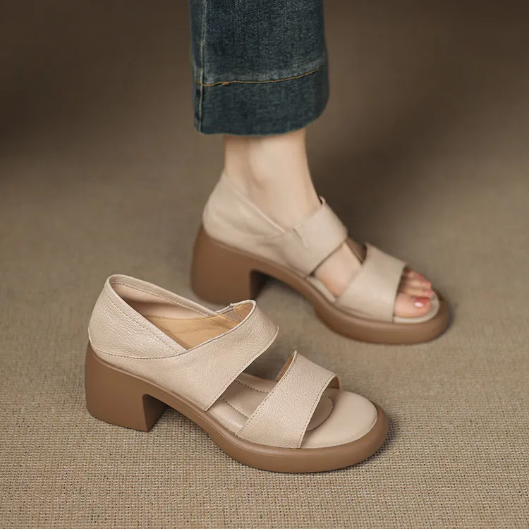 Women's Soft Leather Peep-Toe Sandals - 6cm Ultra-Soft Sole, Chunky High Heel, Summer Outdoor Roman Style Shoes thumbnail 7