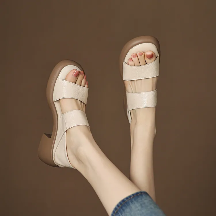 Women's Soft Leather Peep-Toe Sandals - 6cm Ultra-Soft Sole, Chunky High Heel, Summer Outdoor Roman Style Shoes thumbnail 6
